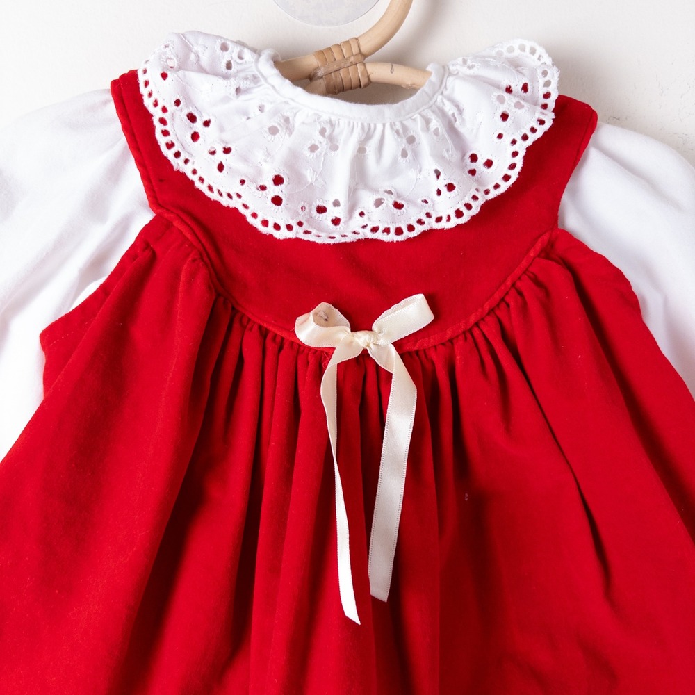 Vintage 90s Baby Togs 2pc Dress Set Red White Velvet Floral Eyelet Lace Baby 18M - Picture 2 of 13